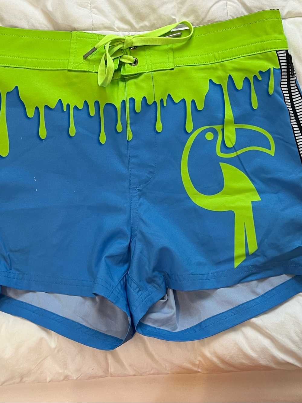 Kids Neon Green & Blue Toucan Swim Trunks